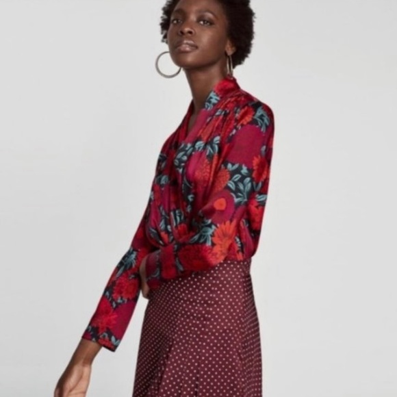 Zara Tops Zara Floral Long Sleeve Crossover Bodysuit Size Large